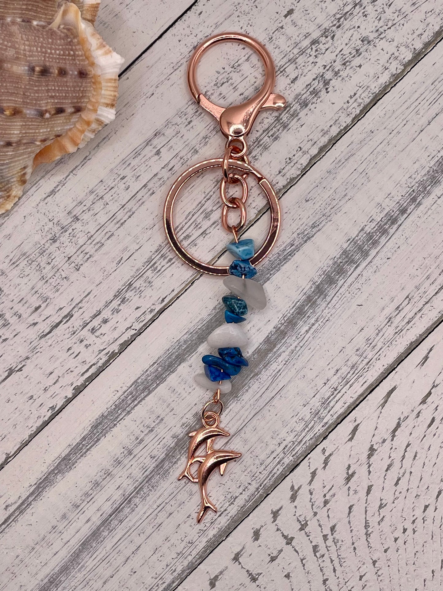 Dolphins with Blue/White Stones Keychain