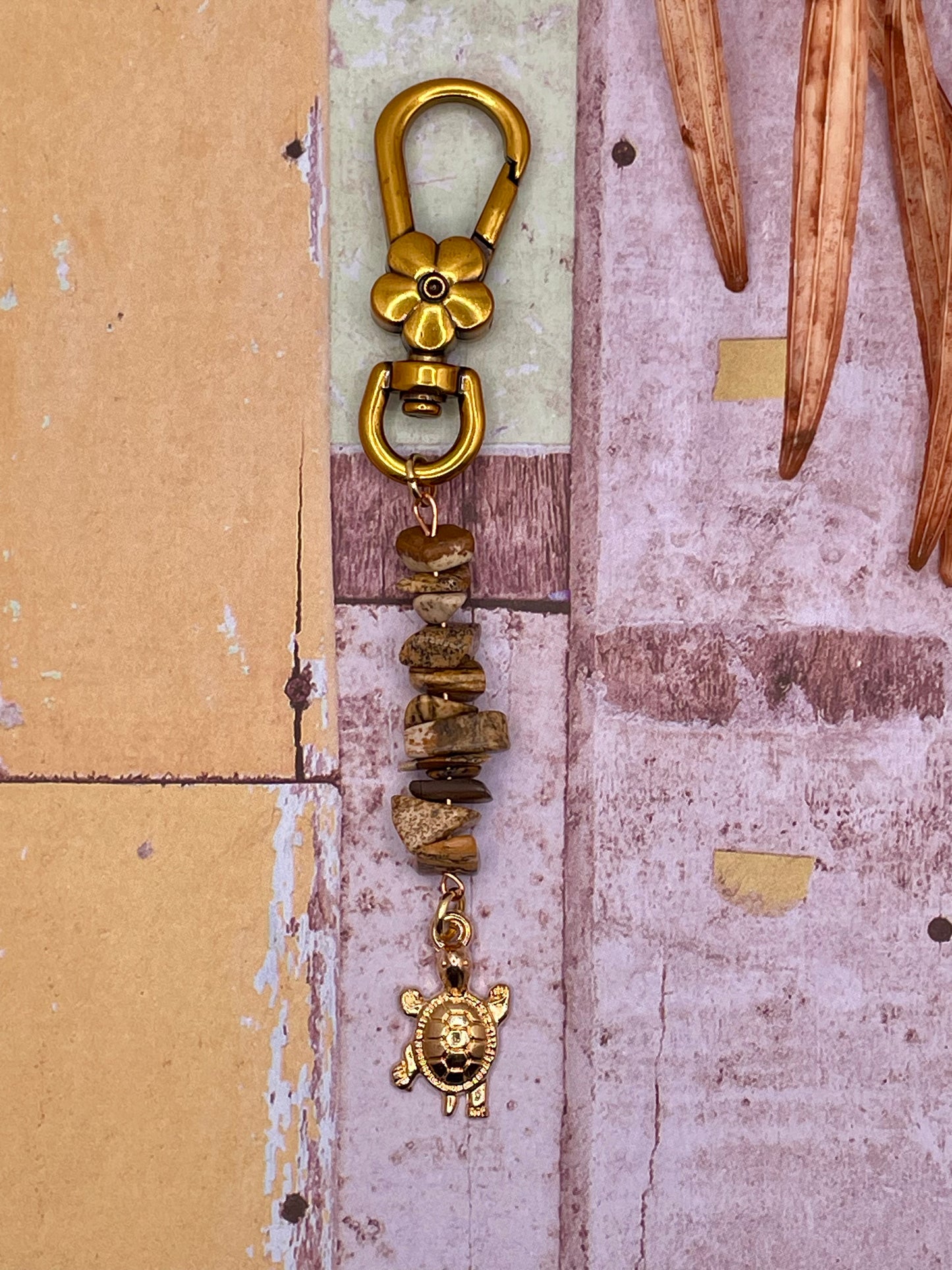 Golden Turtle with Stones Keychain